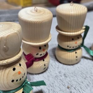 Wooden Snowman Ornaments with Green and Red Scarves